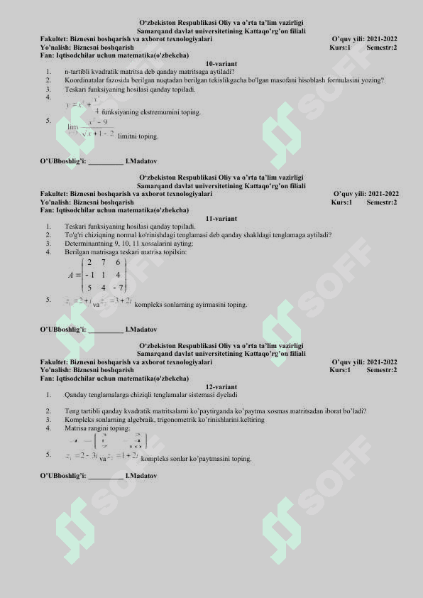 biznesni boshqarish yo'nalishi fanidan test 4