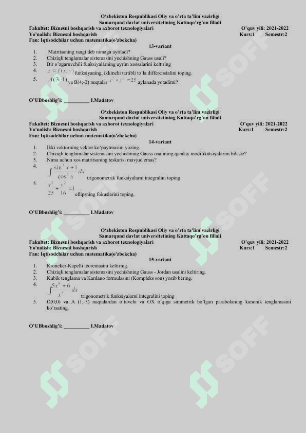 biznesni boshqarish yo'nalishi fanidan test 5