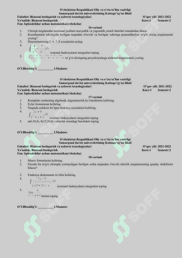 biznesni boshqarish yo'nalishi fanidan test 6