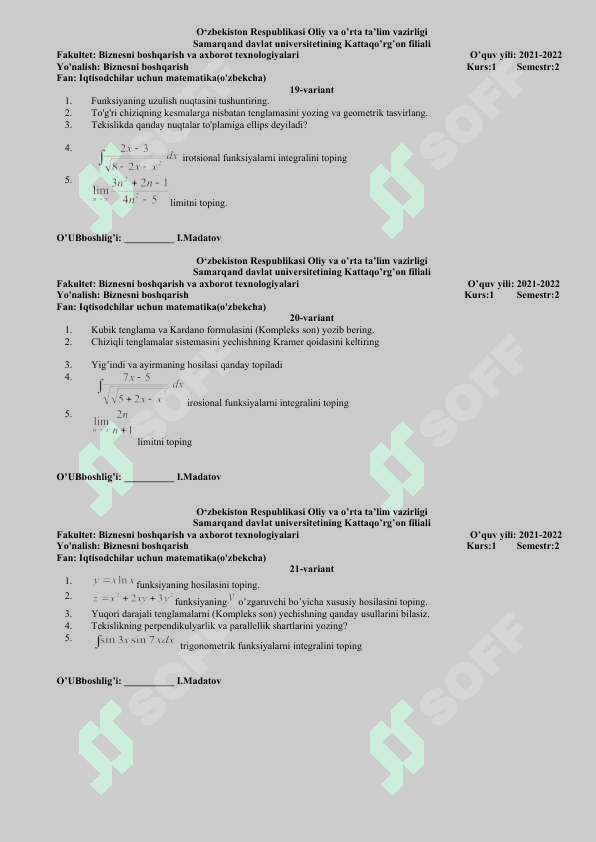 biznesni boshqarish yo'nalishi fanidan test 7