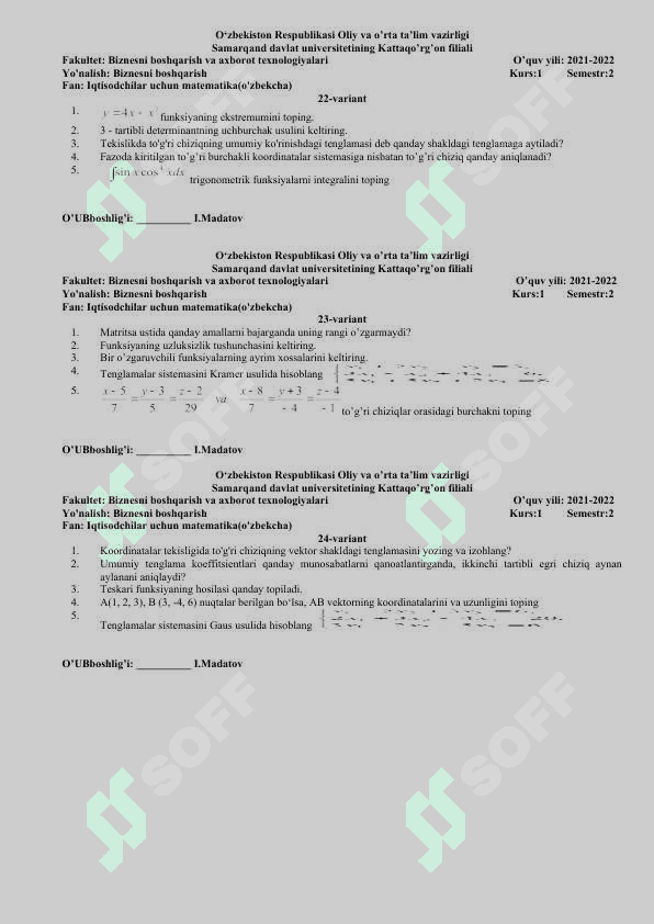 biznesni boshqarish yo'nalishi fanidan test 8