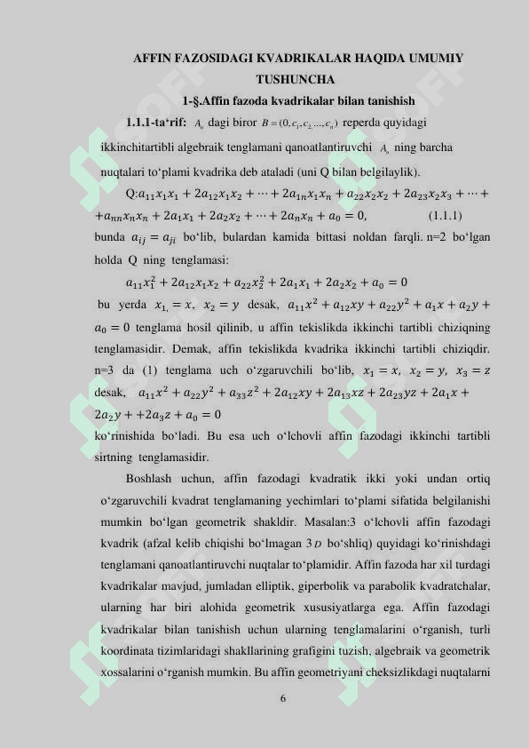 Affin fazosidagi kvadrikalar kurs ishi 6