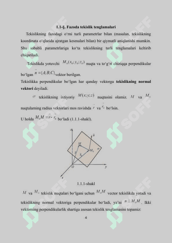 Fazoda tekislik va to`g`ri chiziqning o`zaro joylashuvi kurs 4