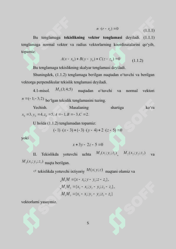 Fazoda tekislik va to`g`ri chiziqning o`zaro joylashuvi kurs 5