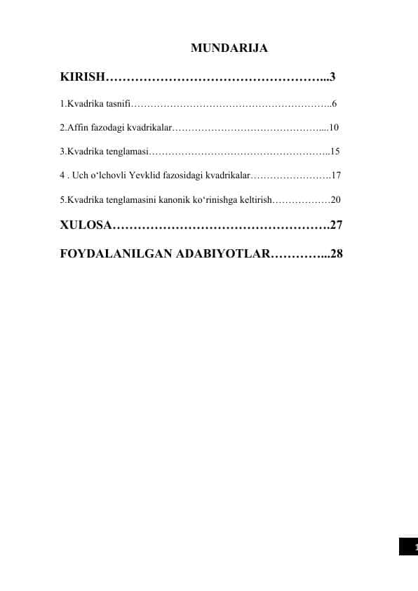 Kvadrika tenglamasini kanonik koʻrinishga keltirish  kurs ishi