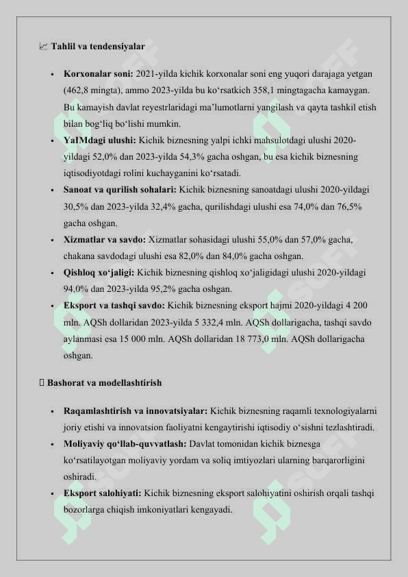 O‘zbekistonda kichik biznesni rivojlanish darajasi va tendensiyalarini modellashtirish va bashoratlash statistik jadva l 2