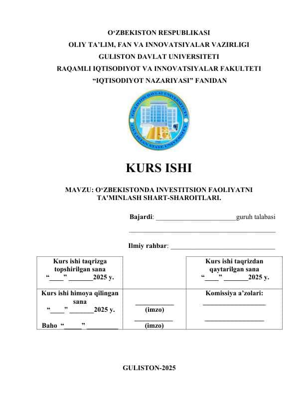 O‘ZBEKISTONDA INVESTITSION FAOLIYATNI TA'MINLASH SHART-SHAROITLARI