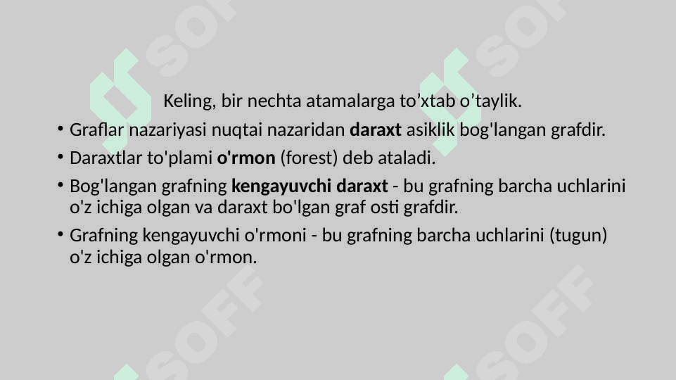 Grafdagi daraxtlar. Grafning tayanch daraxti. Minimal og’irlikdagi karkas daraxtlar qurish algoritmi. Prim algoritmi. Kruskal algoritmi. 3