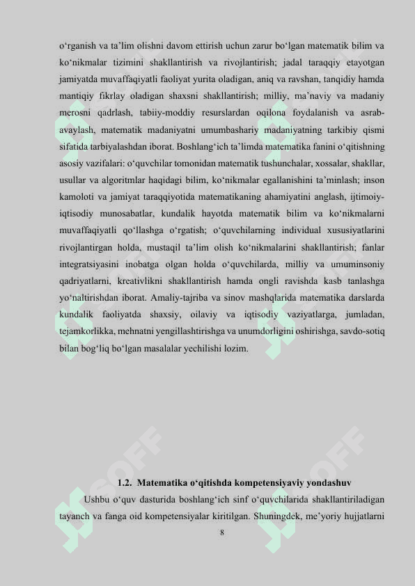 BOSHLANG‘ICH SINFLARDA MATEMATIKA O‘QITISHDA KOMPETENSIYAVIY YONDASHUV. O‘QUV DASTURI TAHLILI (3-SINF 8