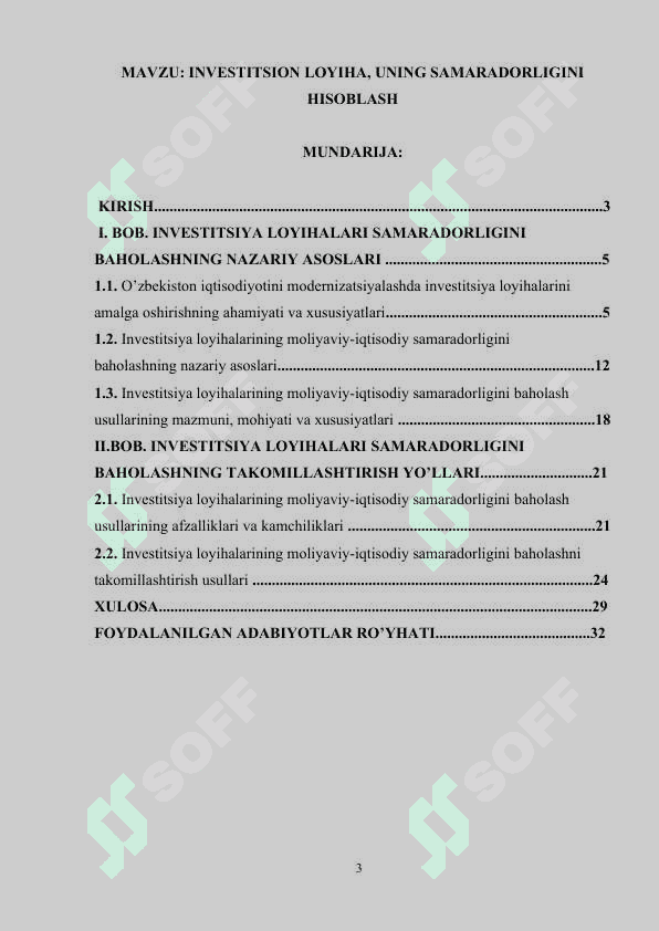 INVESTITSION LOYIHA, UNING SAMARADORLIGINI HISOBLASH 2