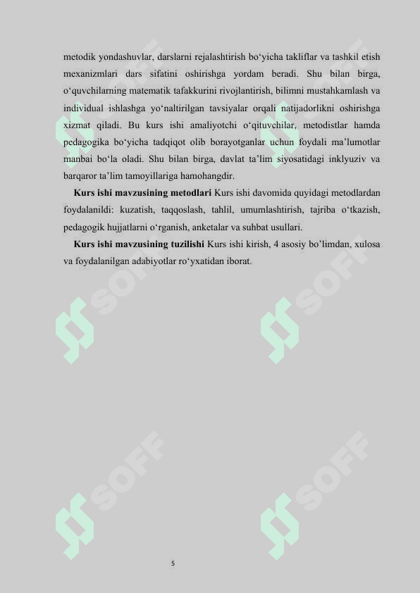 Oʻz komplektli maktablarda matematika oʻqitish xususiyatlari kurs ishi 5