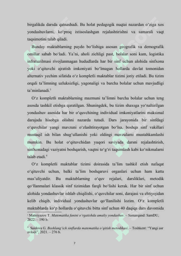 Oʻz komplektli maktablarda matematika oʻqitish xususiyatlari kurs ishi 7