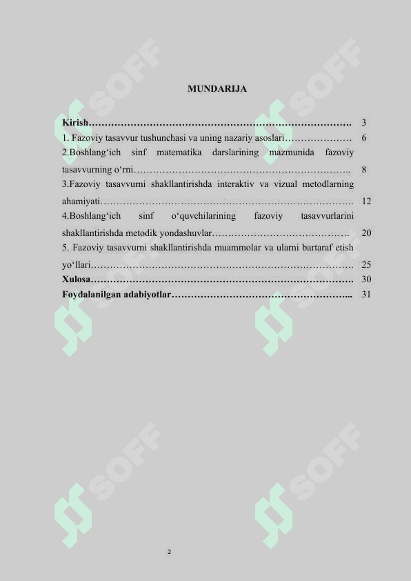 Boshlangʻich sinflarda matematika mavzularini oʻqitishda oʻquvchilarning fazoviy tasavvurlarini shakllantirish kurs ishi 2