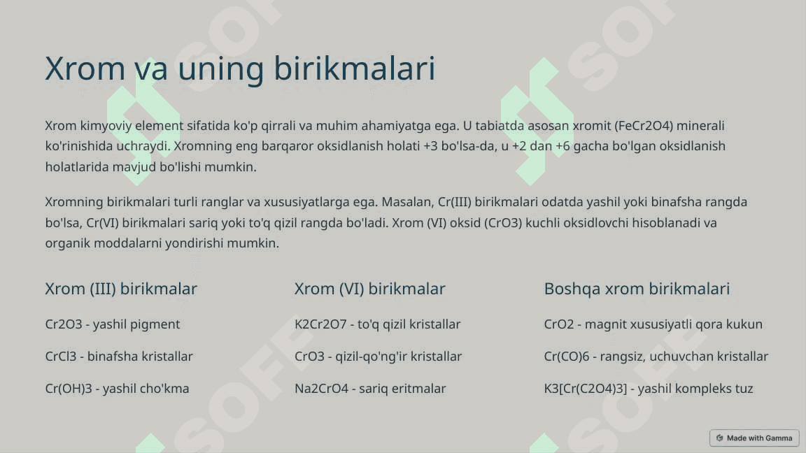 Davriy jadvalning 6-guruh elementlari: Xrom guruhi 3