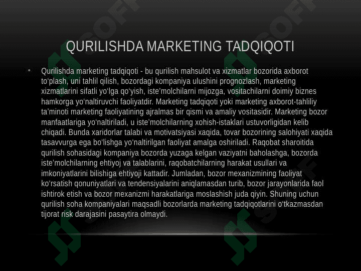 Qurilishda marketingni boshqarish xususiyatlari va Bozor imkoniyatlarini tahlil 8