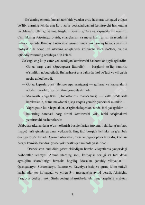 Go‘zaning asosiy kemiruvchi zararkunandalari va ularga qarshi kurash choralari kurs ishi 7