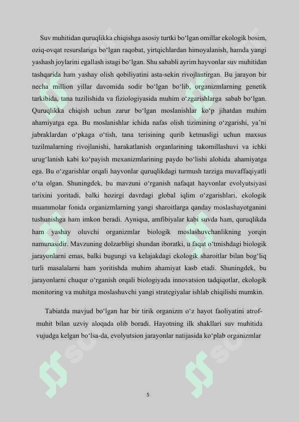Suvda hamda quruqlikda yashovchilar, quruqlikka chiqish sabablari va moslanish xususiyatlari 5