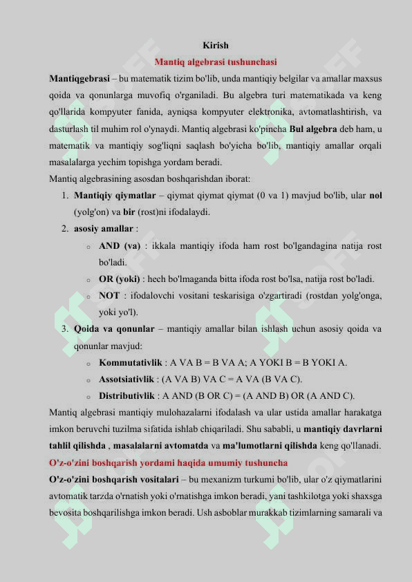 Mantiq algebrasining o'z-o'zi boshqaradigan funktsiyalari 2