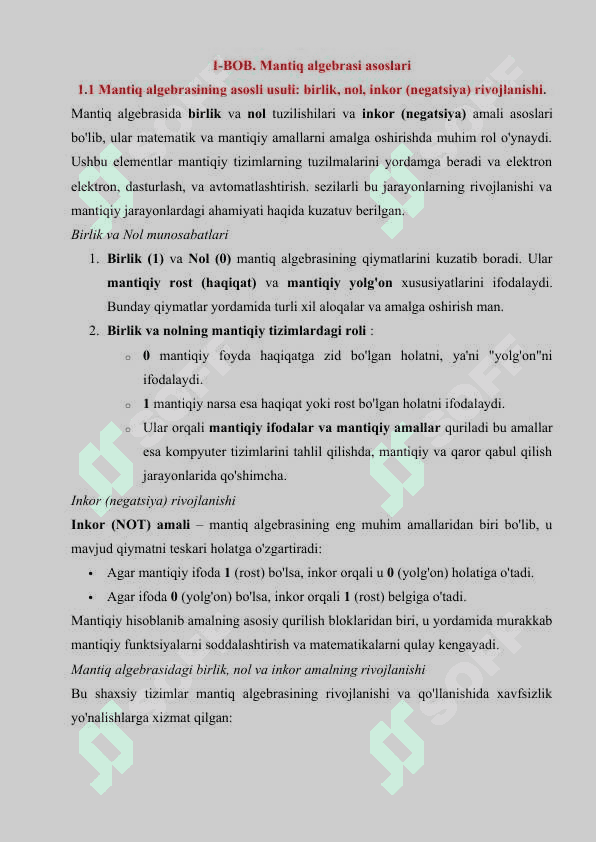 Mantiq algebrasining o'z-o'zi boshqaradigan funktsiyalari 4