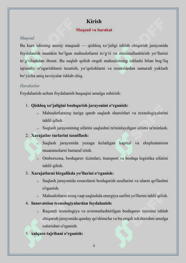 Qishloq  xo`jaligini  mahsulotlarini  saqlashda  xarajatlarini  hisobga  olish. 2