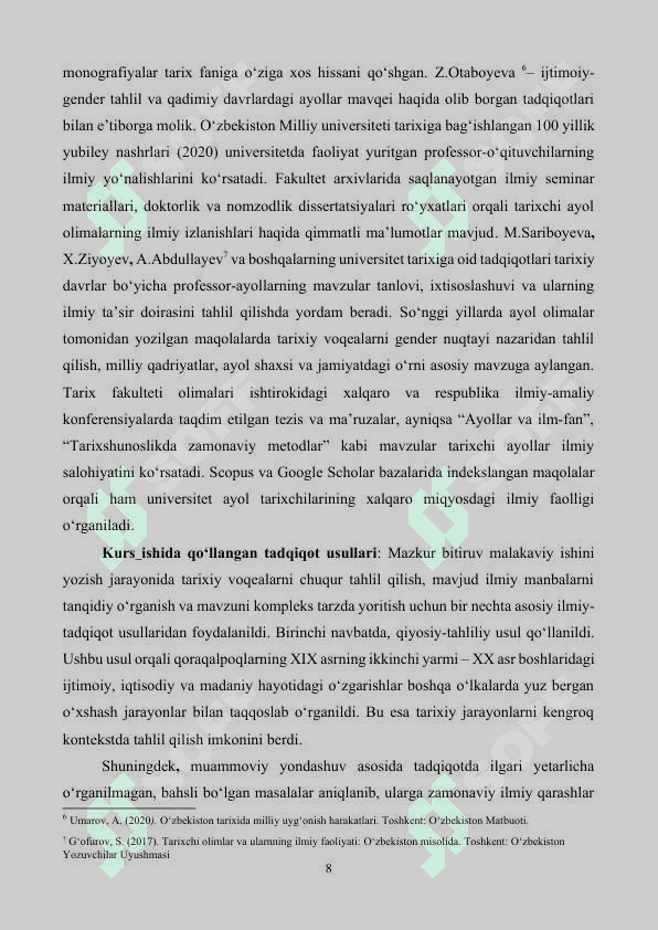 O‘ZBEKISTON MILLIY UNIVERSITETINING TARIXCHI OLIMALARI FAOLIYATI 8