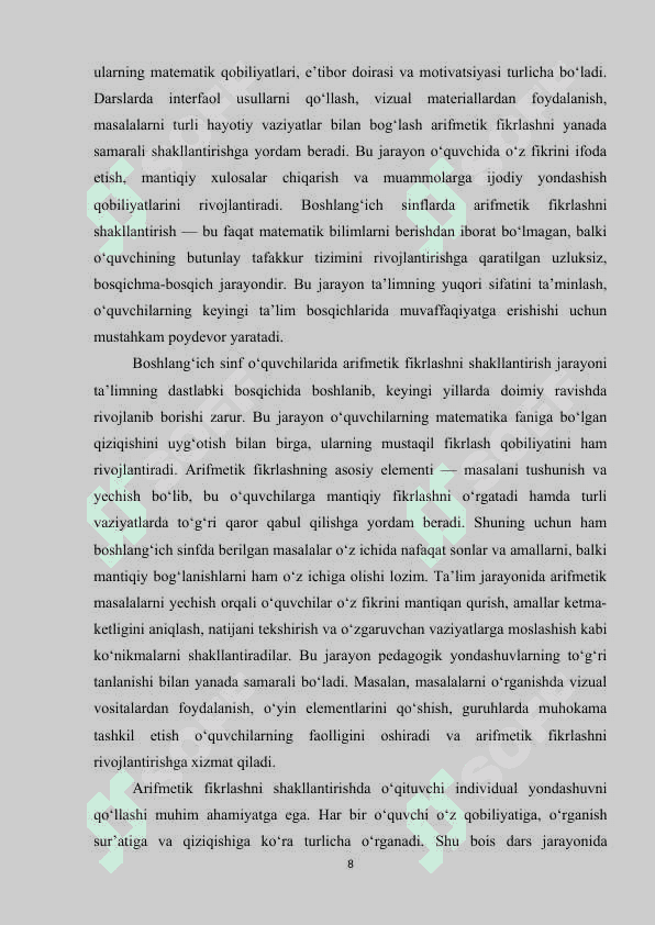 Boshlang‘ich sinflarda arifmetik masalalar yechishga o‘rgatish 8