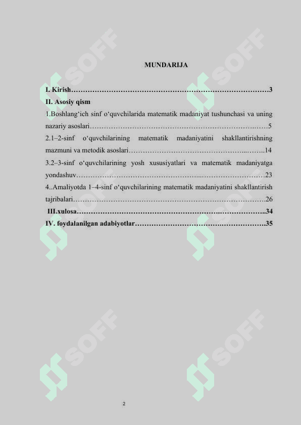 Boshlangʻich sinf oʻquvchilarining matematik madaniyatlarini shakllantirish kurs ishi 2