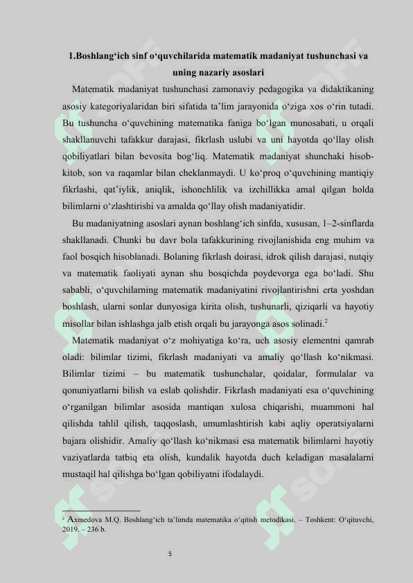 Boshlangʻich sinf oʻquvchilarining matematik madaniyatlarini shakllantirish kurs ishi 5