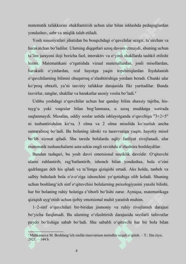 Boshlangʻich sinf oʻquvchilarining matematik madaniyatlarini shakllantirish kurs ishi 8