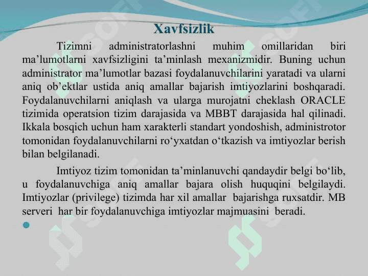 Ma`lumotlar bazasini administratorlash va xavfsizligini ta`minlash 3