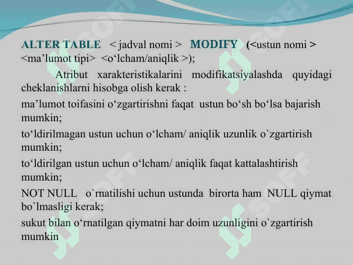 SQL tili. Ma`lumotlarni tasvirlash 4