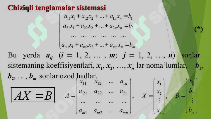 CHIZIQLI ALGEBRAIK TENGLAMALAR SISTEMASI. CHIZIQLI ALGEBRAIK TENGLAMALAR SISTEMASINI YECHISHNING GAUSS VA GAUSS-JORDAN USULLARI 2