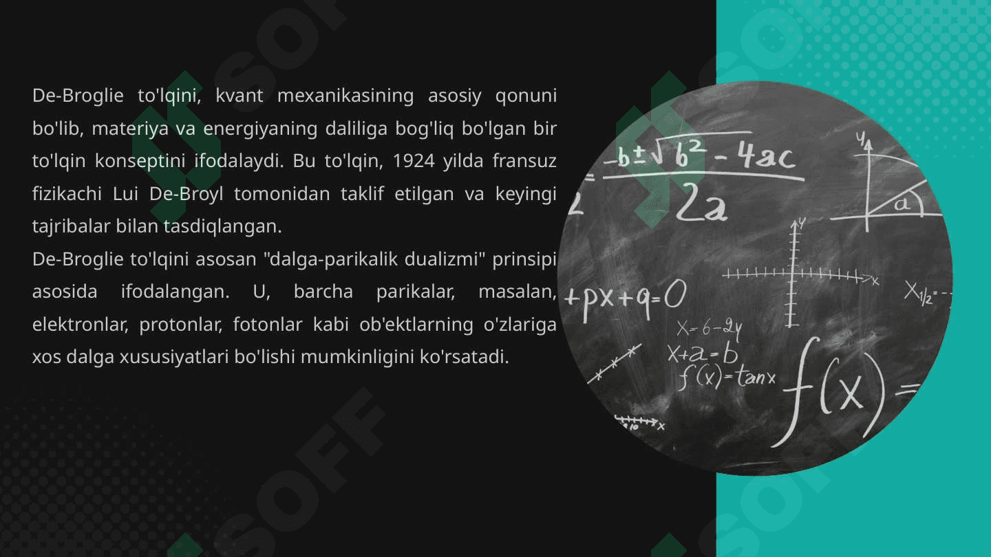 De-Broyl to'lqinining xususiyatlari. To'lqin paket De-Broyl to'lqinining statistik talqini. Noaniqlik munosabati. 3