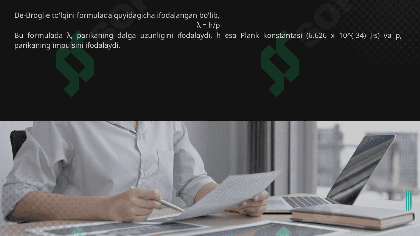 De-Broyl to'lqinining xususiyatlari. To'lqin paket De-Broyl to'lqinining statistik talqini. Noaniqlik munosabati. 4