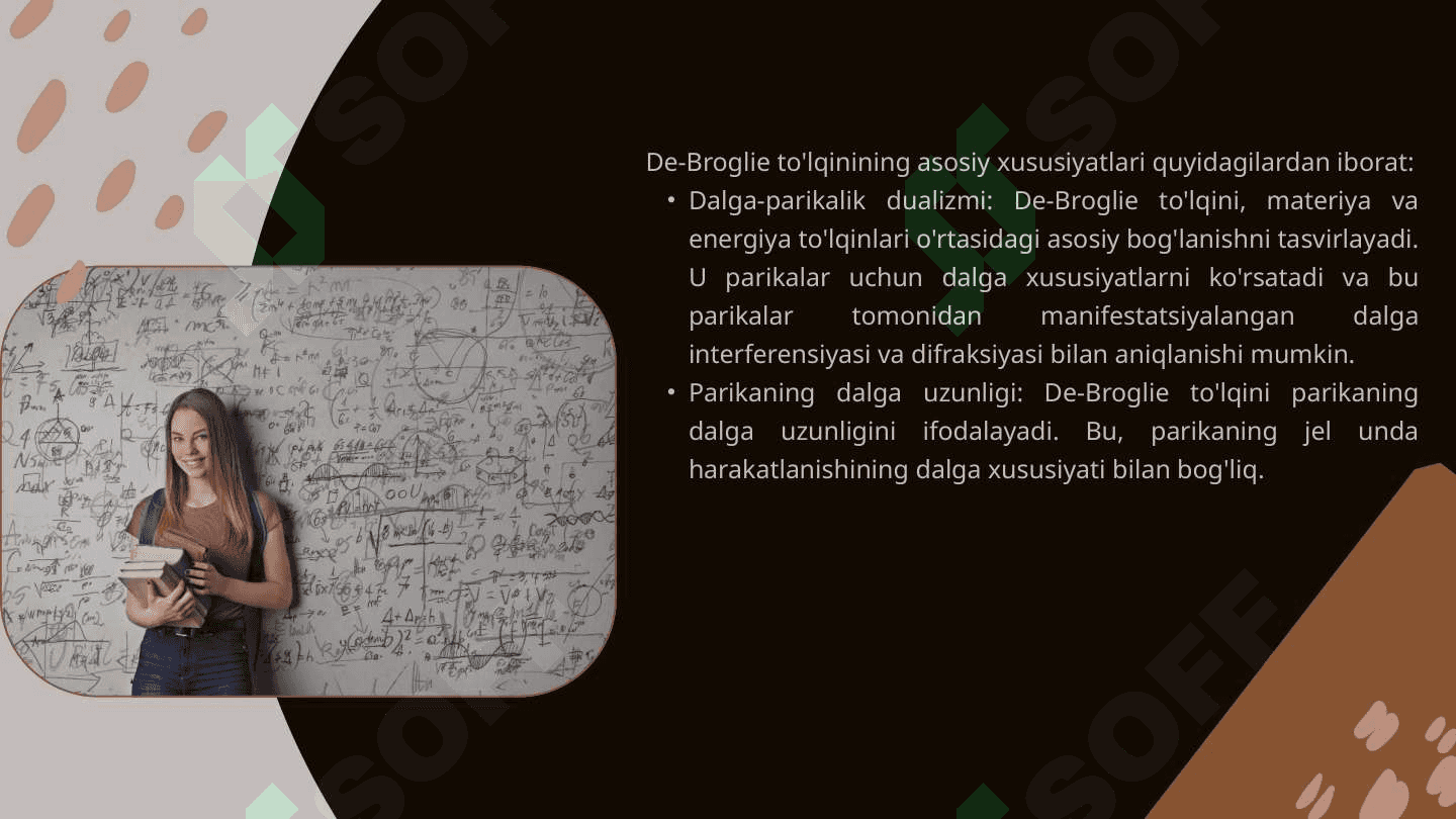De-Broyl to'lqinining xususiyatlari. To'lqin paket De-Broyl to'lqinining statistik talqini. Noaniqlik munosabati. 5