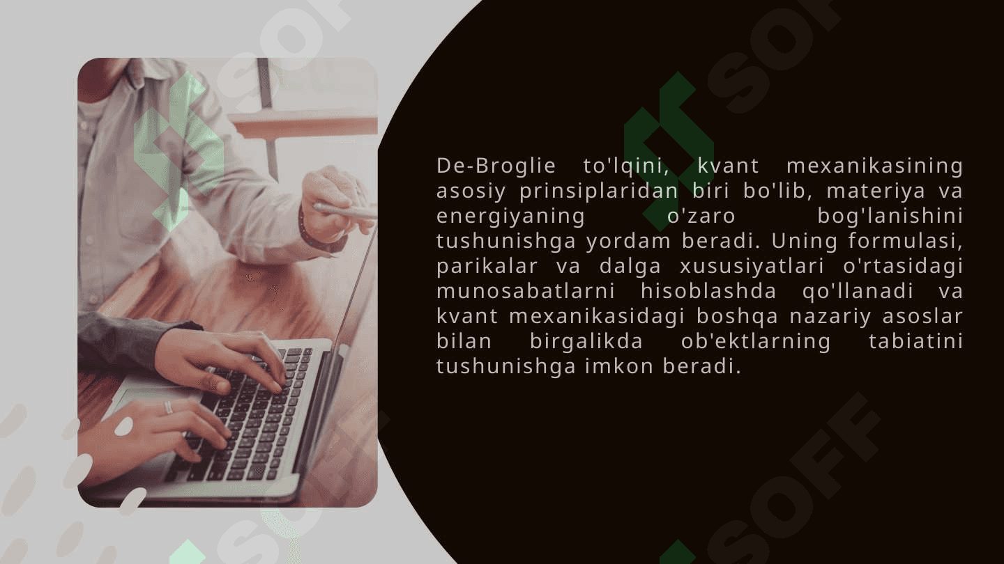 De-Broyl to'lqinining xususiyatlari. To'lqin paket De-Broyl to'lqinining statistik talqini. Noaniqlik munosabati. 7