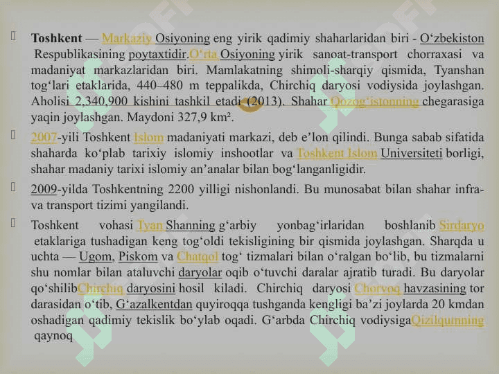 TOSHKENT VILOYATI VA ZARAFSHON VOHASI 2