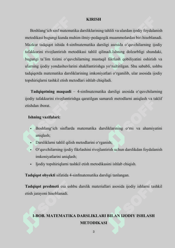 BOSHLANG‘ICH SINFLARDA MATEMATIKA DARSLIGI USTIDA IJODIY ISHLASH VA DARSLIK TAHLILINI AMALGA OSHIRISH METODIKASI (4-SINF MISOLIDA) 3