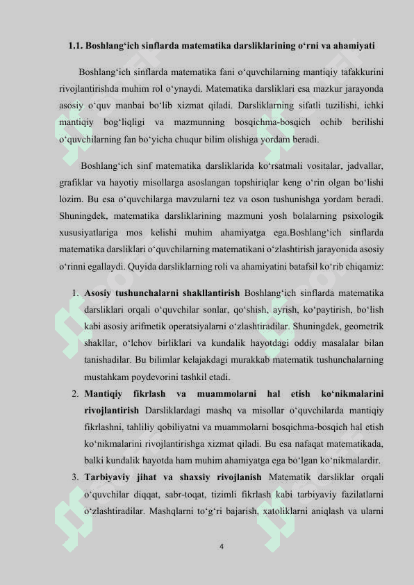 BOSHLANG‘ICH SINFLARDA MATEMATIKA DARSLIGI USTIDA IJODIY ISHLASH VA DARSLIK TAHLILINI AMALGA OSHIRISH METODIKASI (4-SINF MISOLIDA) 4