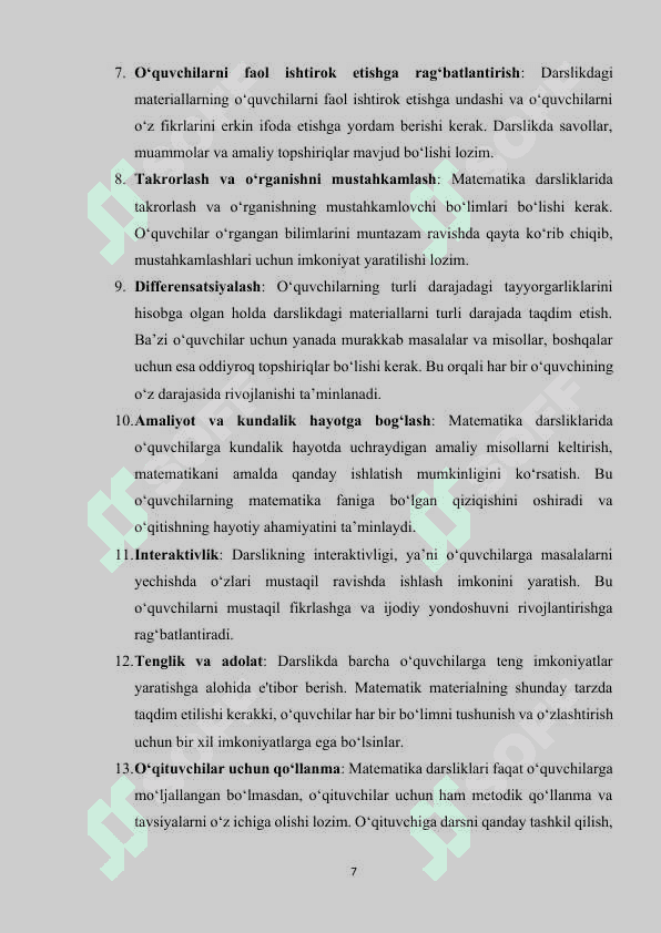 BOSHLANG‘ICH SINFLARDA MATEMATIKA DARSLIGI USTIDA IJODIY ISHLASH VA DARSLIK TAHLILINI AMALGA OSHIRISH METODIKASI (4-SINF MISOLIDA) 7