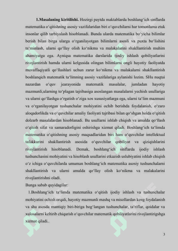 BOSHLANG‘ICH SINFLARDA MATЕMATIKADAN O‘QUVCHILARNI IJОDIY ISHLASHGA O‘RGATISH MЕTОDIKASI(3-SINF MISOLIDA). 3