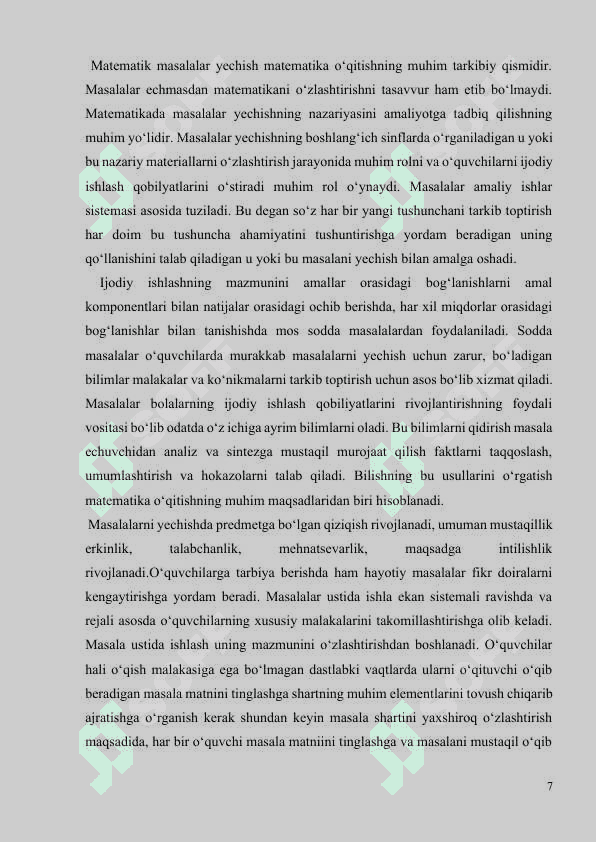 BOSHLANG‘ICH SINFLARDA MATЕMATIKADAN O‘QUVCHILARNI IJОDIY ISHLASHGA O‘RGATISH MЕTОDIKASI(3-SINF MISOLIDA). 7