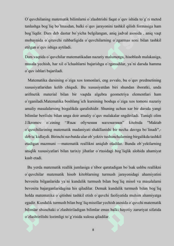 OG‘ZAKI MATEMATIK MASHQLARDAN FOYDALANIB 4-SINF O‘QUVCHILARINI O‘QUV FAOLLIGINI RIVOJLANTIRISH 8