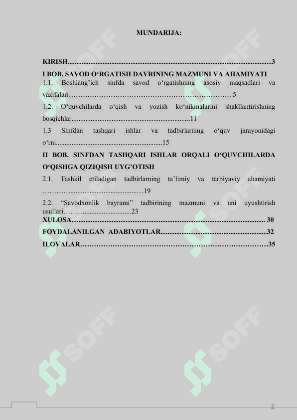 SAVOD O‘RGATISH DAVRIDA SINFDAN TASHQARI ISHLAR («SAVODXONLIK BAYRAMI VA SHUNING KABILAR) NI UYUSHTIRISH 2