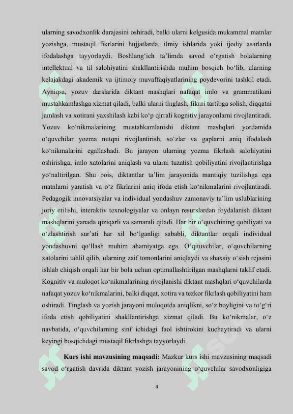 SAVOD O’RGATISH DAVRI YOZUV DARSLARIDA O’TKAZILADIGAN DIKTANTLAR 4