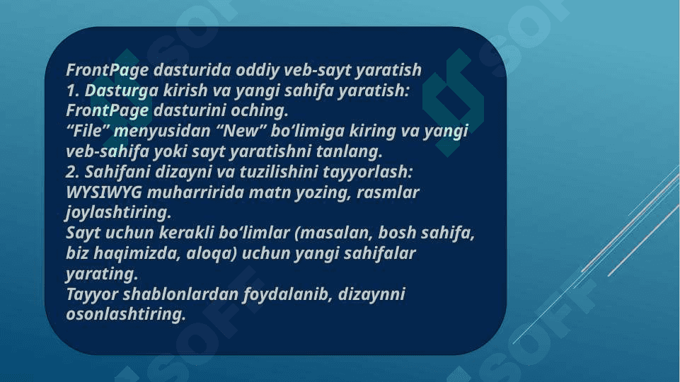 Mavzu:FrontPage dasturi va uning imkoniyatlari. Ijtimoiy tarmoqlardan foydalanish 6