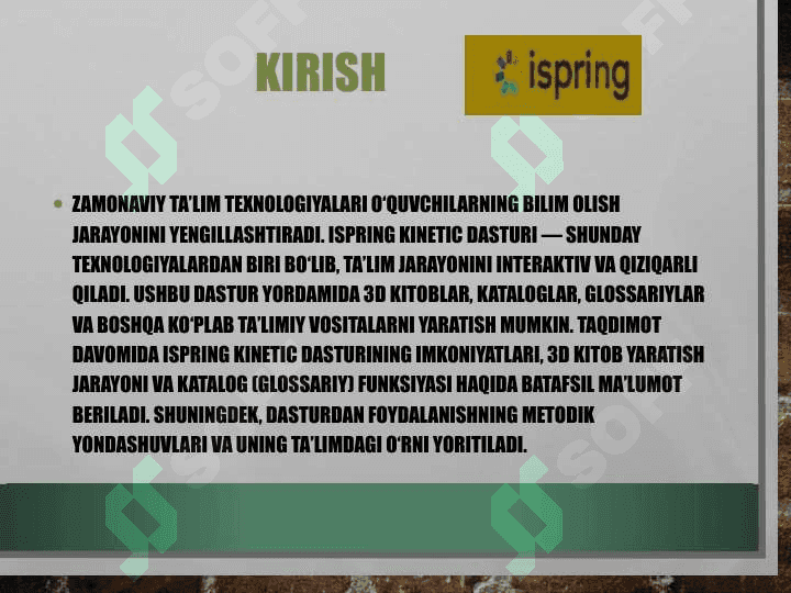 MAVZU: Ispring Kinetic dasturi va uning imkoniyatlari 3D kitob. Katalog (glossariy). 2