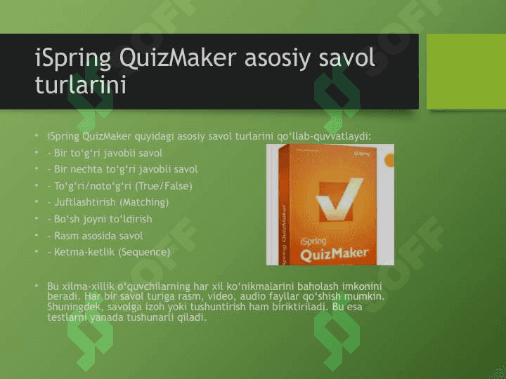 MAVZU: Ispring Suite dasturi va uning imkomiyatlari. Ispring Quiz dasturi va uning imkoniyatlari. Sohaga oid testlar yaratish. 6