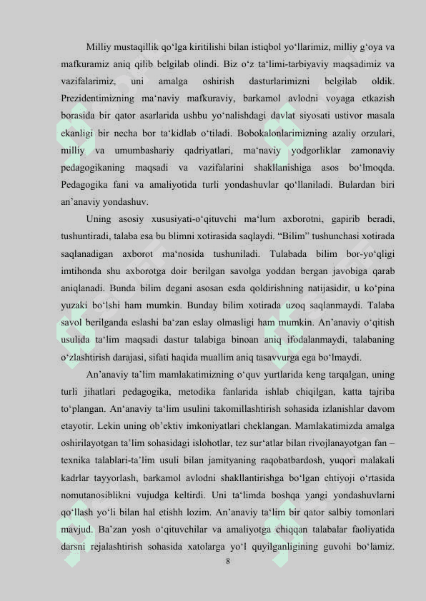 6-SINF TARBIYA FANIDAN “ZAMONAVIY TEXNOLOGIYALAR EZGULIK XIZMATIDA” MAVZUSINI O’QITISH 8