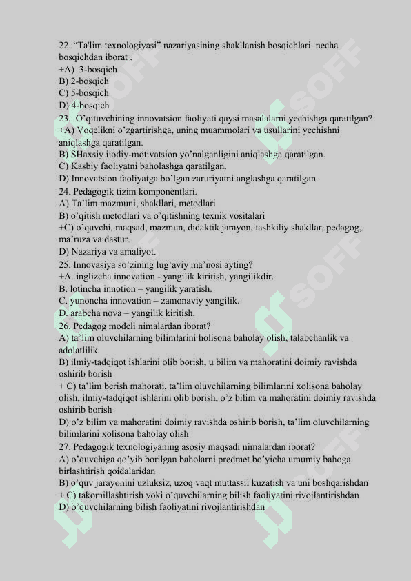 Pedagogik Texnalogiya fanidan 400 ta test savol javoblari bilan 4